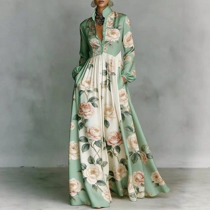 Women's Contrast Long Sleeve Paisley Print Collared Button Front Pocket High Waist Floor Maxi Dress Vintage Resort Elegant Dress