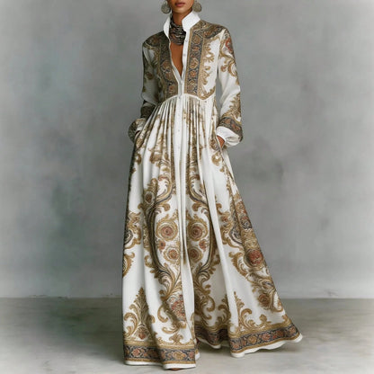 Women's Contrast Long Sleeve Paisley Print Collared Button Front Pocket High Waist Floor Maxi Dress Vintage Resort Elegant Dress