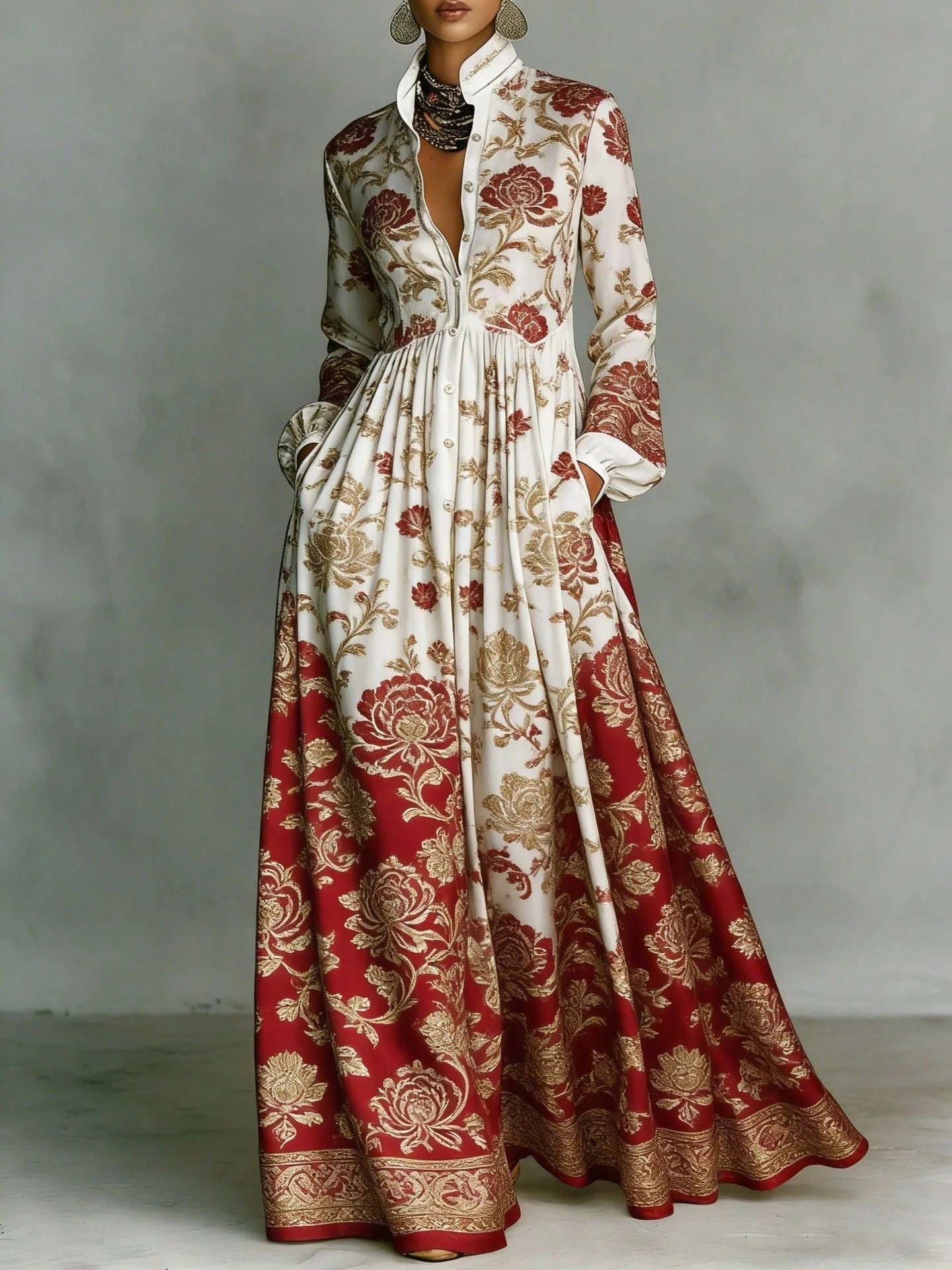 Women's Contrast Long Sleeve Paisley Print Collared Button Front Pocket High Waist Floor Maxi Dress Vintage Resort Elegant Dress