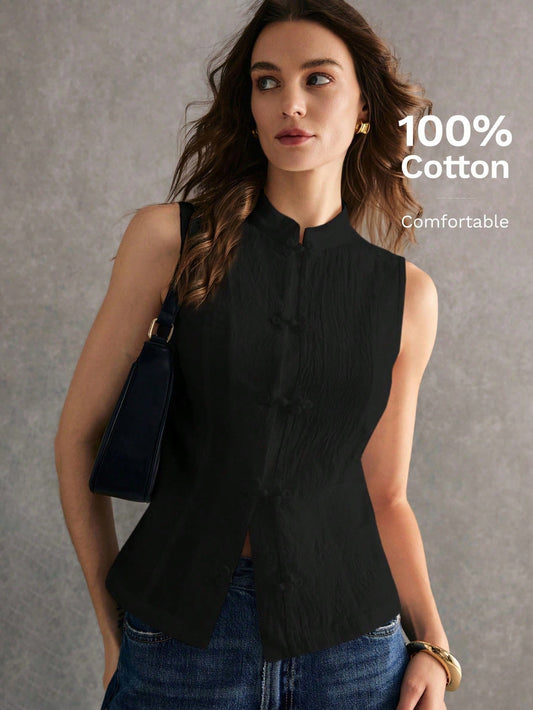 Women's Cotton Placket Design Plaid Slim Fit Tank Top,Plaid Top,Going Out Tops, Work Outfits,Casual Blouses, Vacation Outfits,Summer/Autumn Outfit