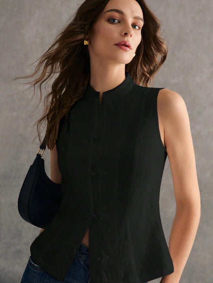 Women's Cotton Placket Design Plaid Slim Fit Tank Top,Plaid Top,Going Out Tops, Work Outfits,Casual Blouses, Vacation Outfits,Summer/Autumn Outfit