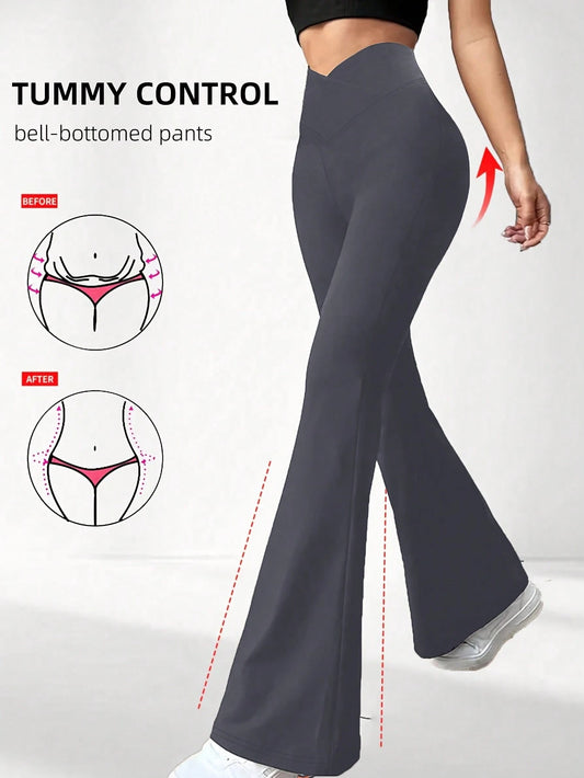 Women's Criss-Cross Waist Flare Leggings, Elastic Polyester Solid Color Sports Yoga Pants, Criss-Cross Waist Personalized Casual Long Pants, Suitable For All Seasons Solid Color Tight Sports Pants, Kn