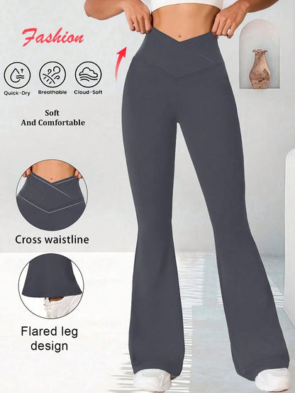 Women's Criss-Cross Waist Flare Leggings, Elastic Polyester Solid Color Sports Yoga Pants, Criss-Cross Waist Personalized Casual Long Pants, Suitable For All Seasons Solid Color Tight Sports Pants, Kn