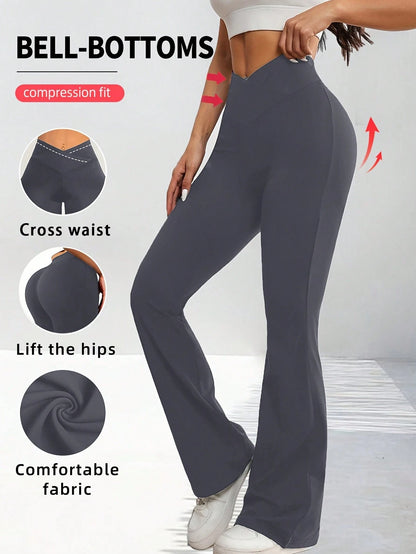 Women's Criss-Cross Waist Flare Leggings, Elastic Polyester Solid Color Sports Yoga Pants, Criss-Cross Waist Personalized Casual Long Pants, Suitable For All Seasons Solid Color Tight Sports Pants, Kn