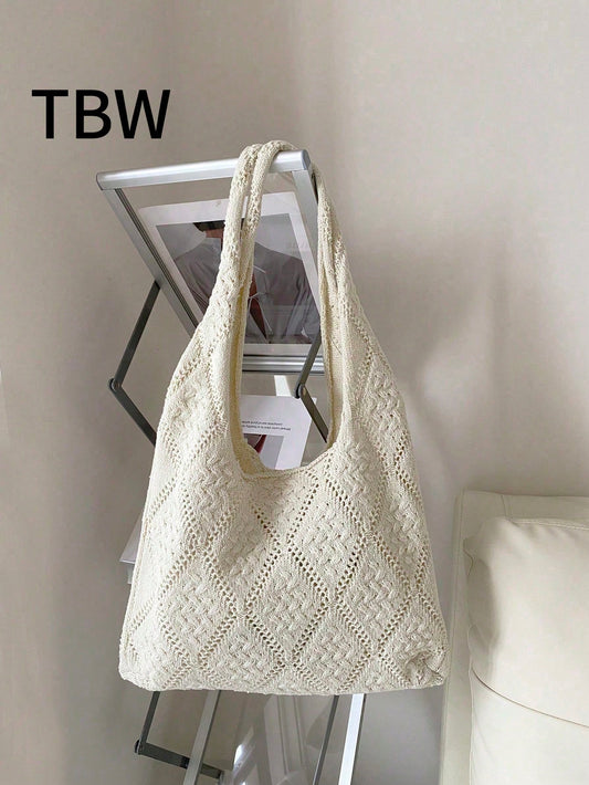 Women's Crocheted Tote Bag, Hollow Solid Color, Vacation Style For Going Out Shopping., Crochet,Holiday