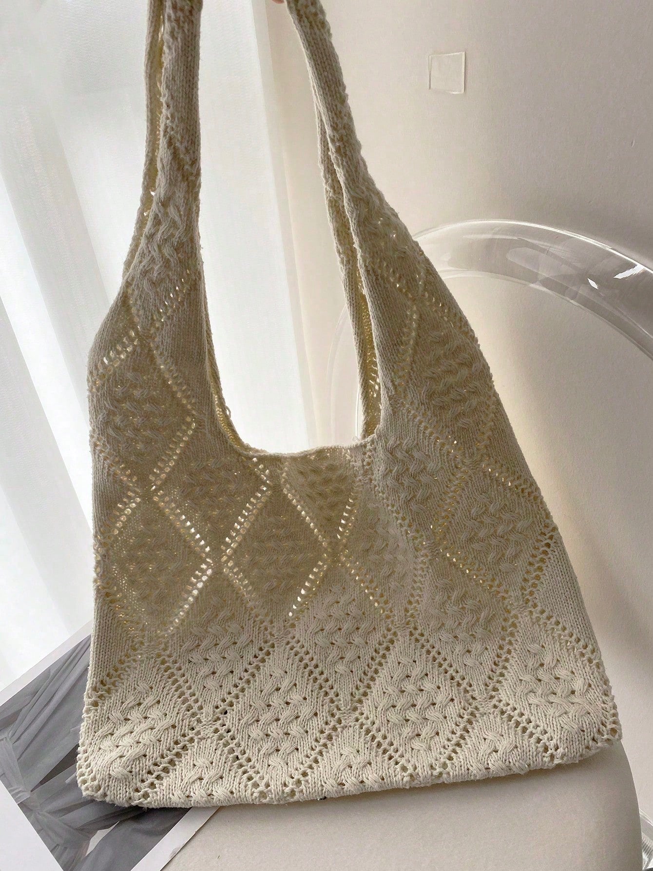 Women's Crocheted Tote Bag, Hollow Solid Color, Vacation Style For Going Out Shopping., Crochet,Holiday