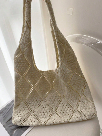 Women's Crocheted Tote Bag, Hollow Solid Color, Vacation Style For Going Out Shopping., Crochet,Holiday