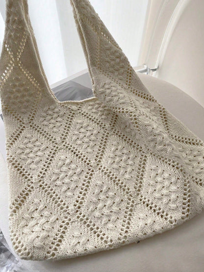 Women's Crocheted Tote Bag, Hollow Solid Color, Vacation Style For Going Out Shopping., Crochet,Holiday