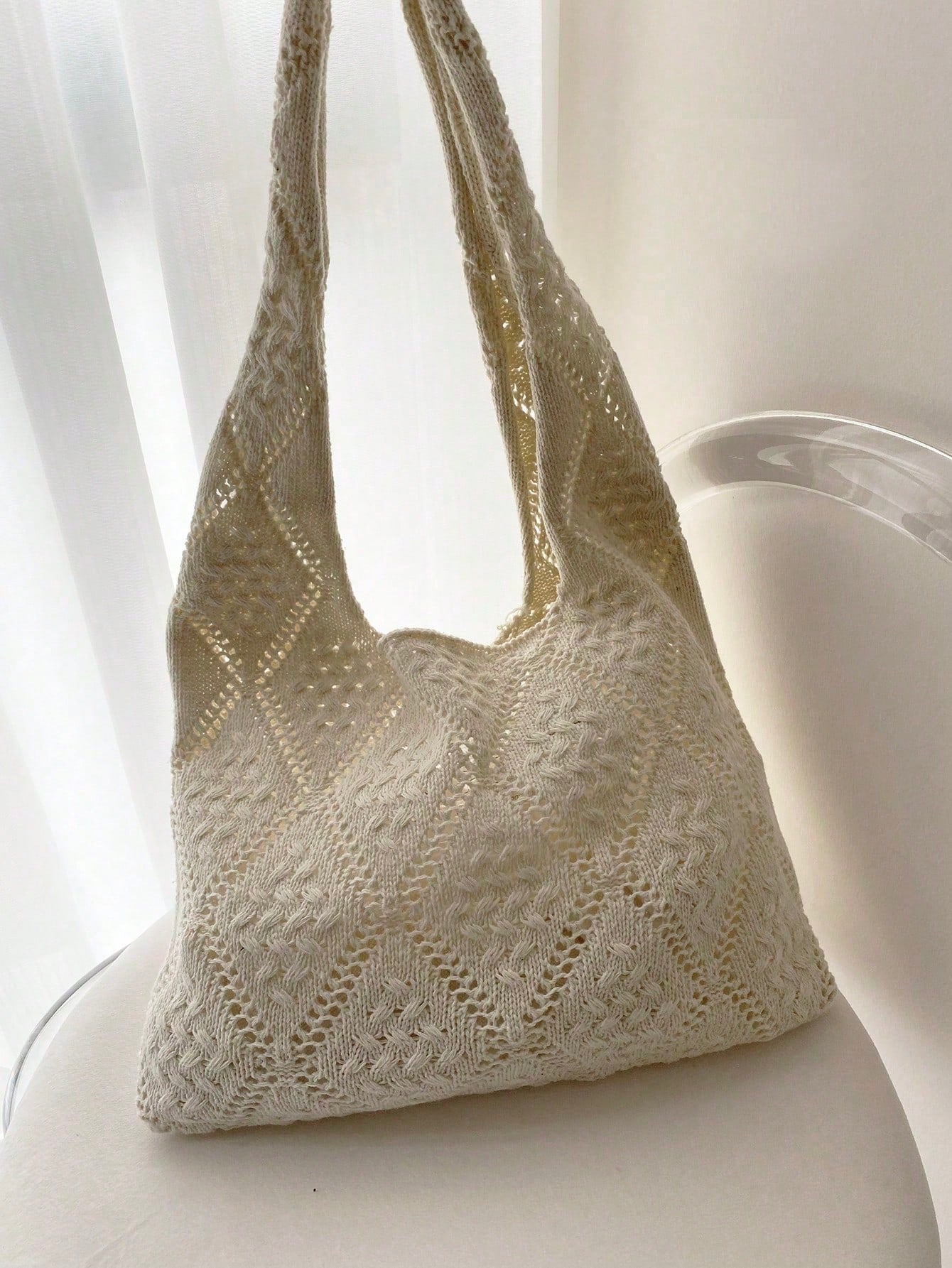 Women's Crocheted Tote Bag, Hollow Solid Color, Vacation Style For Going Out Shopping., Crochet,Holiday