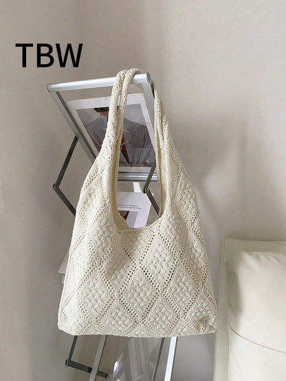 Women's Crocheted Tote Bag, Hollow Solid Color, Vacation Style For Going Out Shopping., Crochet,Holiday