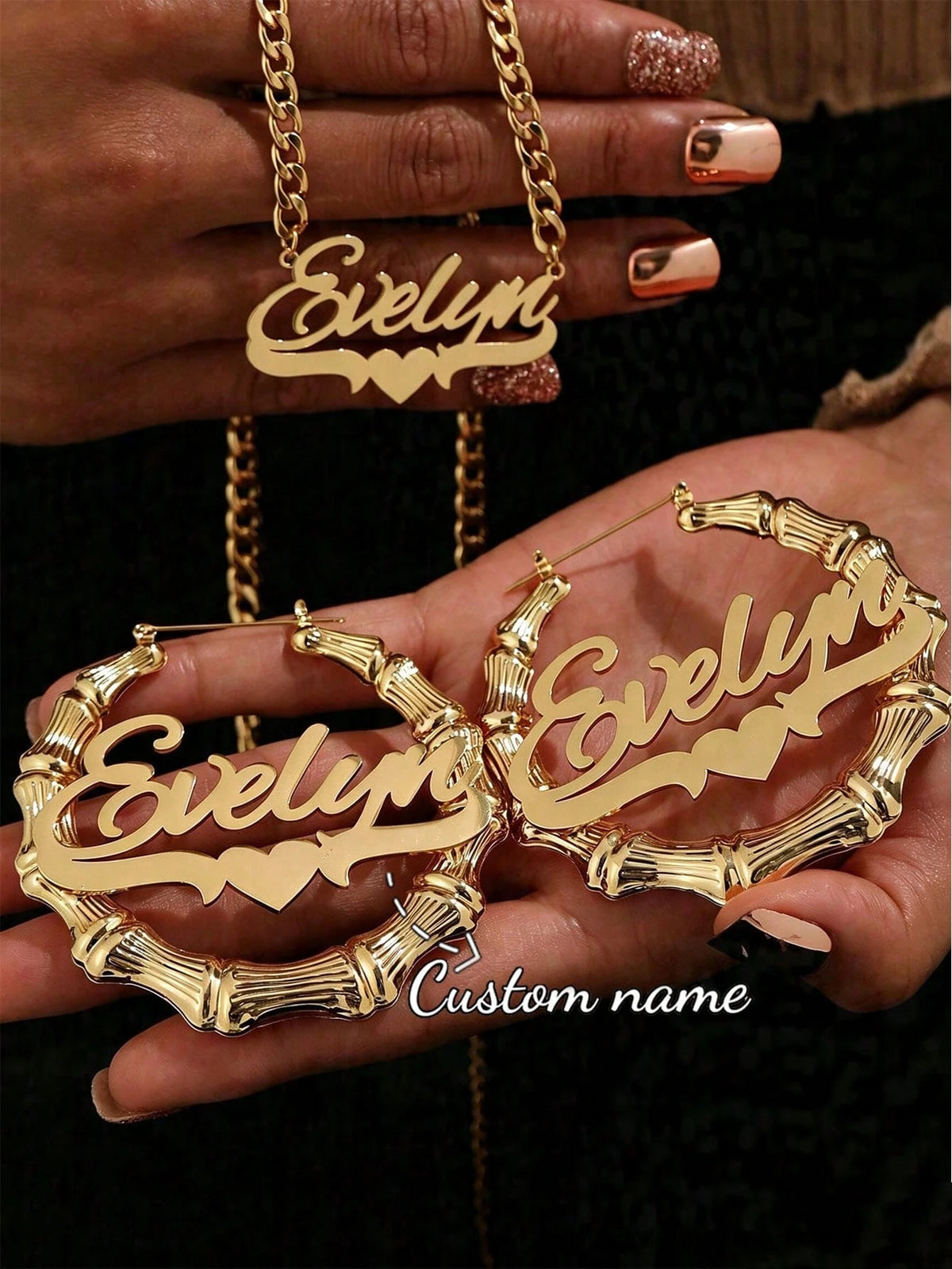 Women's Customized Name Bamboo Knot Earrings (Classic Exaggerated Personality Large Hoop Style) & Men's 5mm Thick Cuban Chain (With Heart Pendant)- Couple Jewelry Set, Suitable As Family Christmas Gi