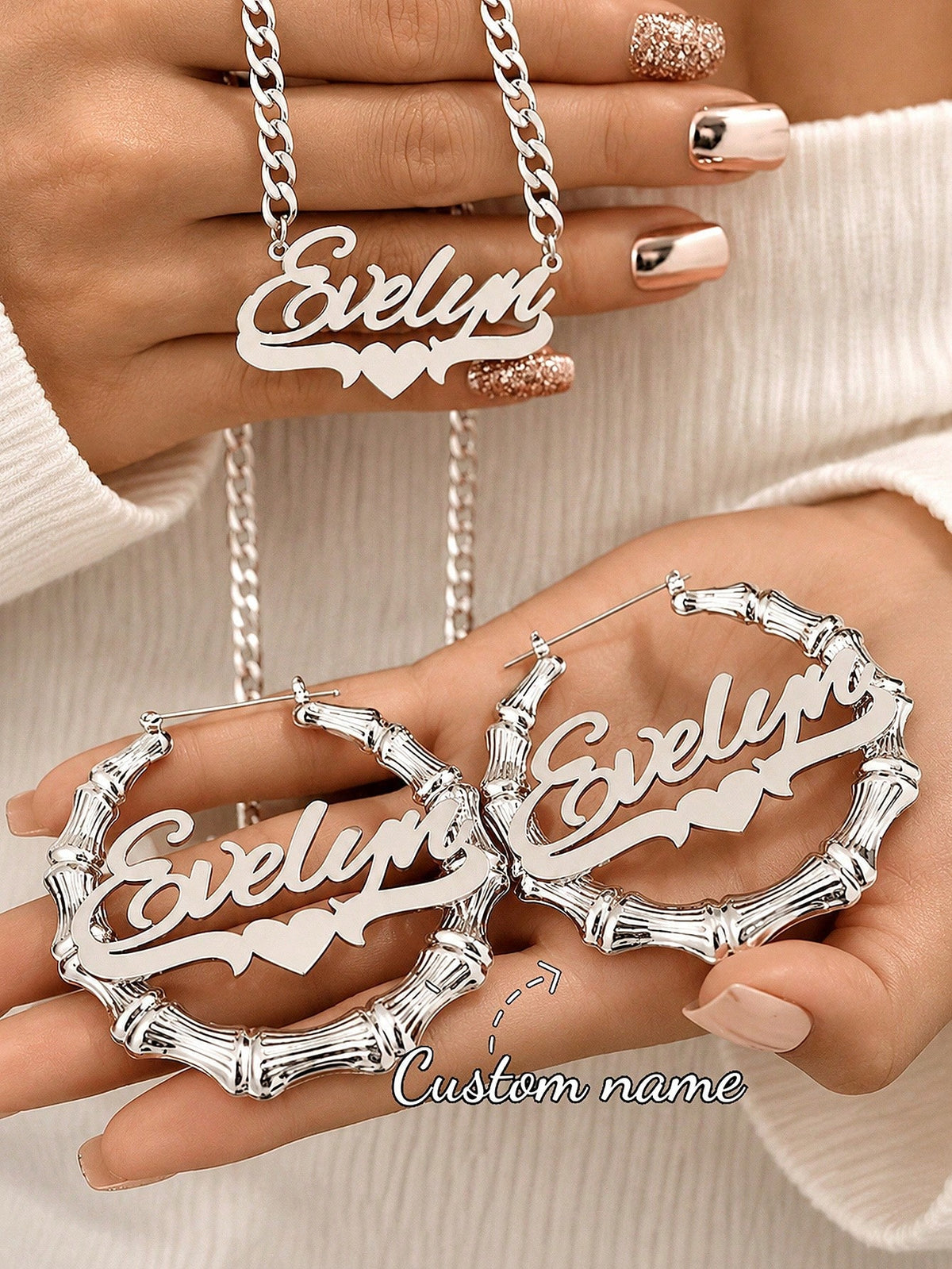 Women's Customized Name Bamboo Knot Earrings (Classic Exaggerated Personality Large Hoop Style) & Men's 5mm Thick Cuban Chain (With Heart Pendant)- Couple Jewelry Set, Suitable As Family Christmas Gi