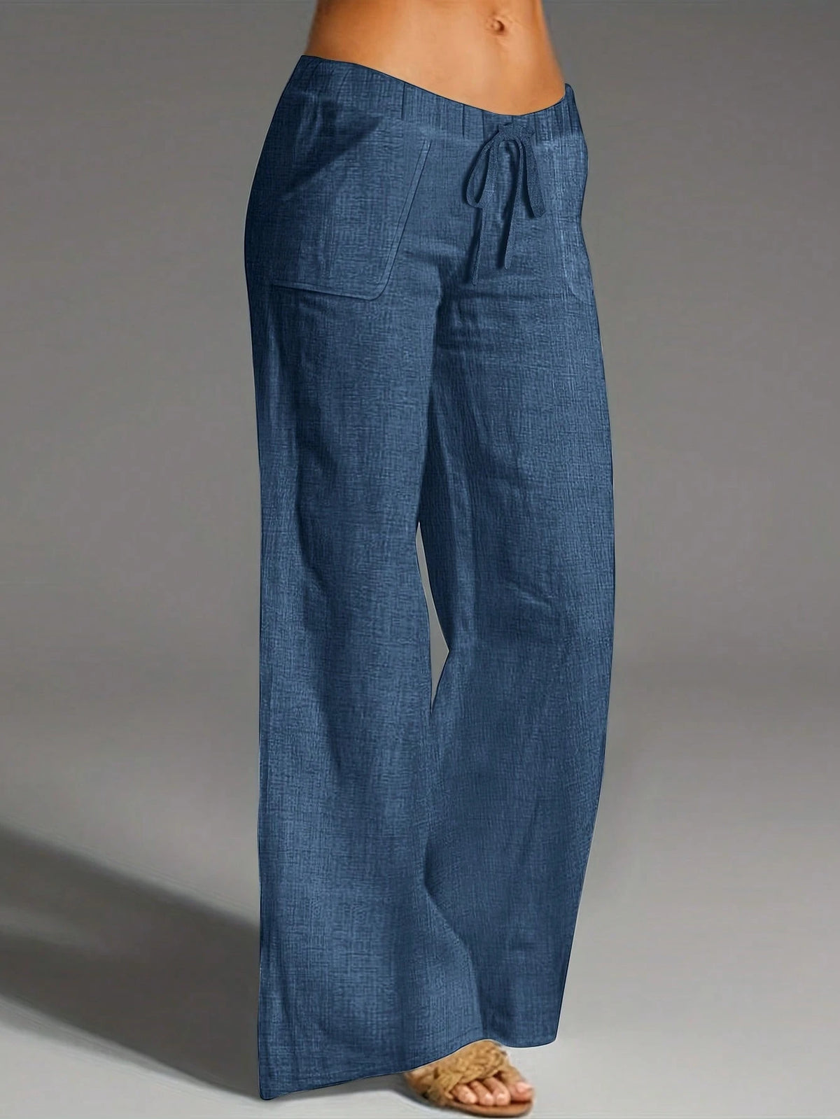 Women's Denim Effect Straight Leg Pants With Pockets And Faux Drawstring, Fashionable Versatile Design