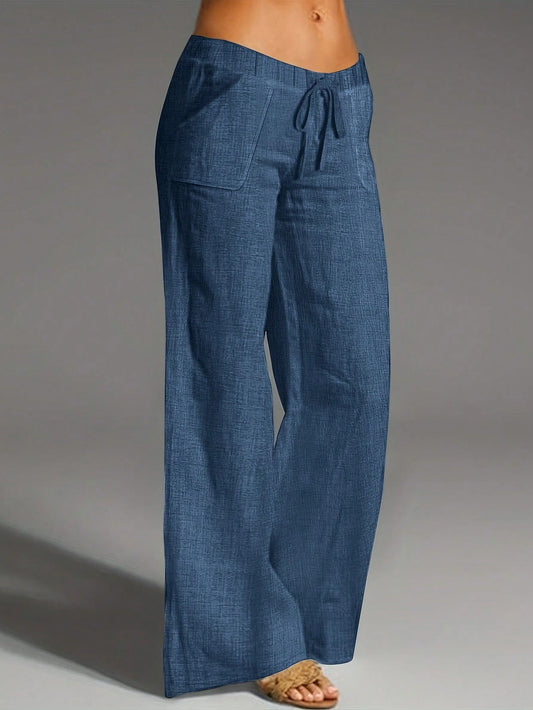 Women's Denim Effect Straight Leg Pants With Pockets And Faux Drawstring, Fashionable Versatile Design