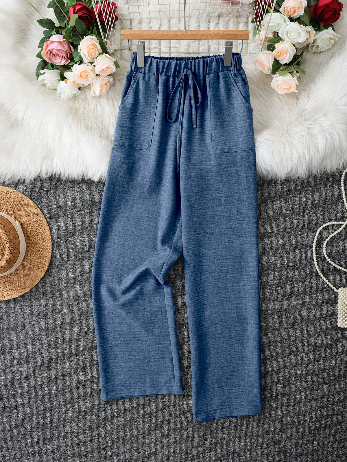 Women's Denim Effect Straight Leg Pants With Pockets And Faux Drawstring, Fashionable Versatile Design