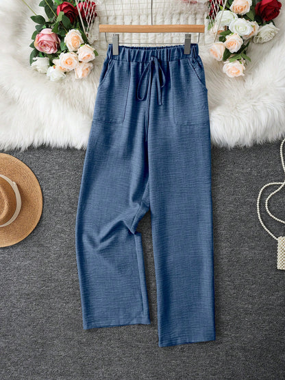Women's Denim Effect Straight Leg Pants With Pockets And Faux Drawstring, Fashionable Versatile Design