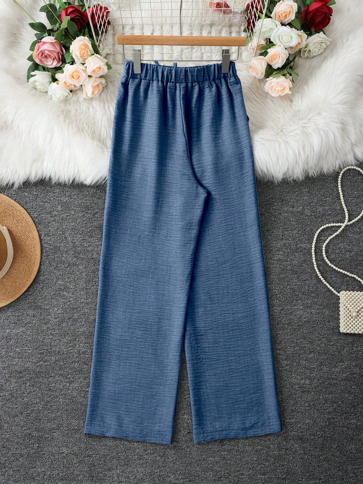 Women's Denim Effect Straight Leg Pants With Pockets And Faux Drawstring, Fashionable Versatile Design