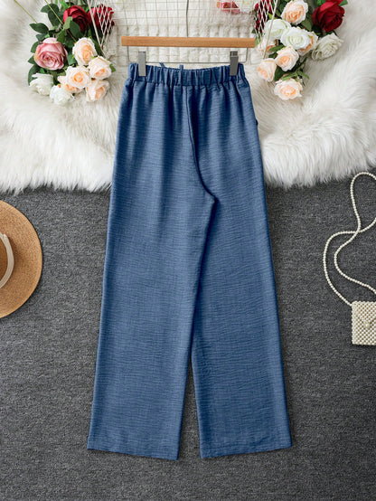 Women's Denim Effect Straight Leg Pants With Pockets And Faux Drawstring, Fashionable Versatile Design