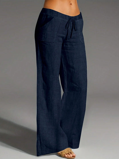 Women's Denim Effect Straight Leg Pants With Pockets And Faux Drawstring, Fashionable Versatile Design