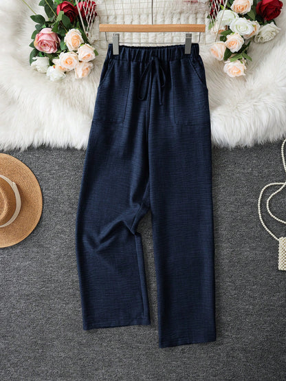 Women's Denim Effect Straight Leg Pants With Pockets And Faux Drawstring, Fashionable Versatile Design