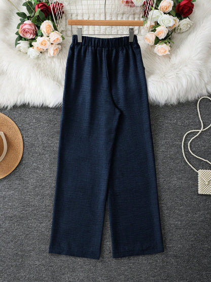 Women's Denim Effect Straight Leg Pants With Pockets And Faux Drawstring, Fashionable Versatile Design