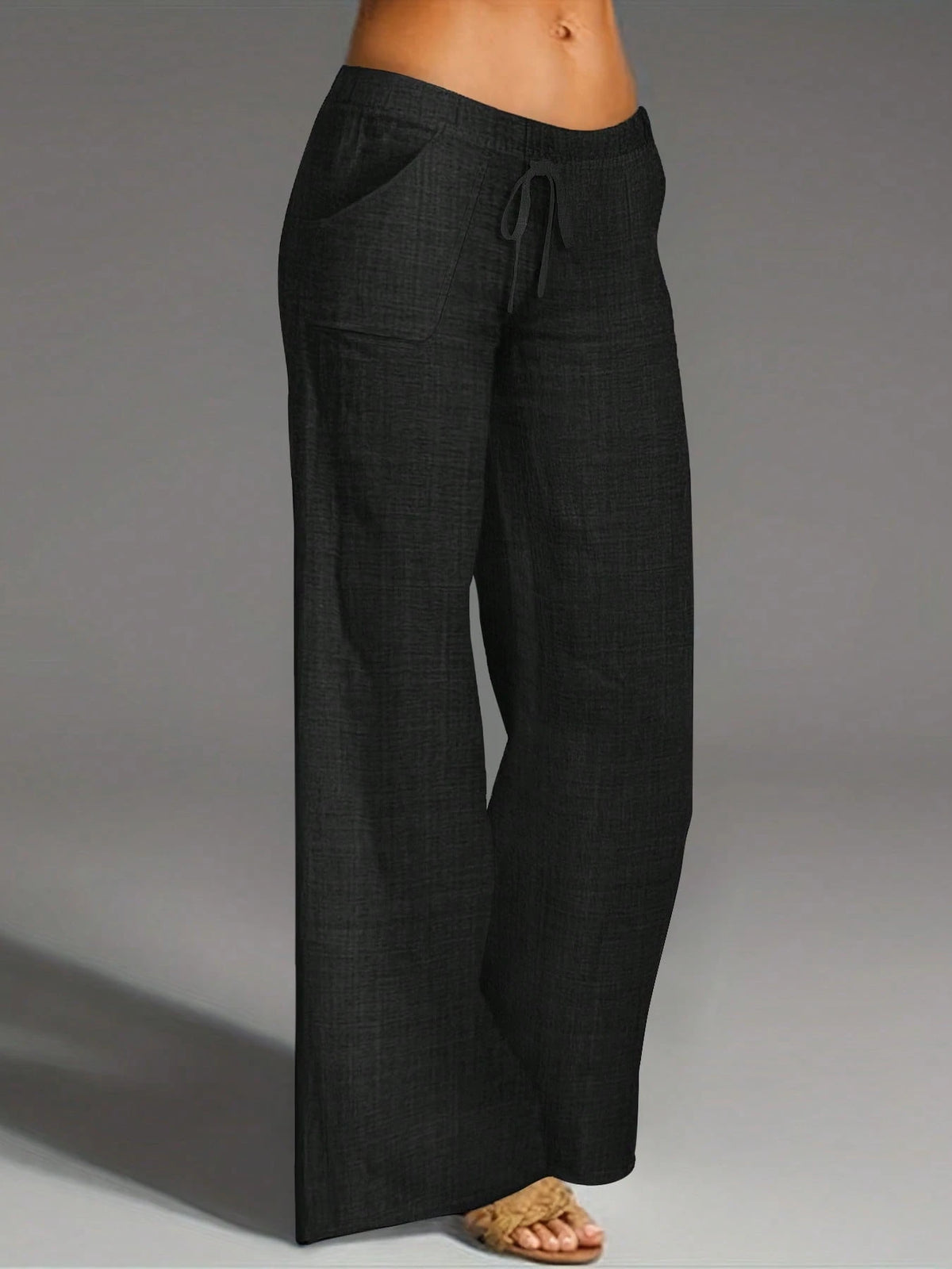 Women's Denim Effect Straight Leg Pants With Pockets And Faux Drawstring, Fashionable Versatile Design