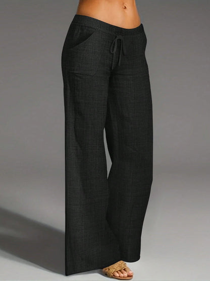 Women's Denim Effect Straight Leg Pants With Pockets And Faux Drawstring, Fashionable Versatile Design