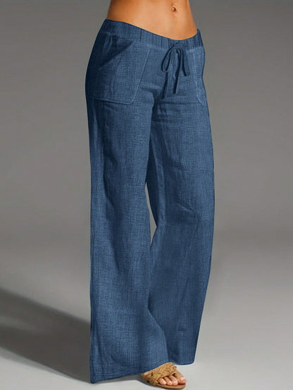 Women's Denim Effect Straight Leg Pants With Pockets And Faux Drawstring, Fashionable Versatile Design