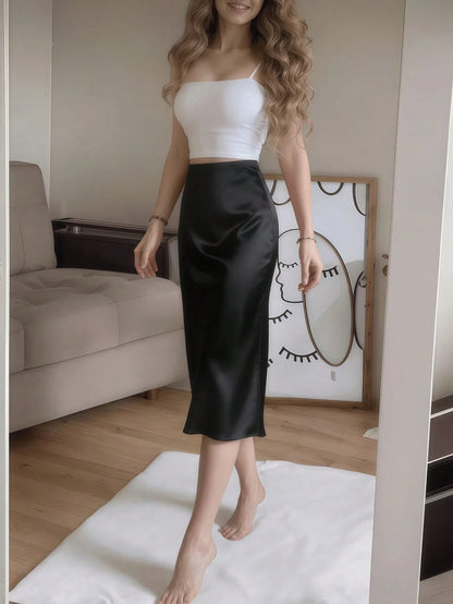 Women's Elegant Black Satin High Waist High Slit Button Skirt Spring