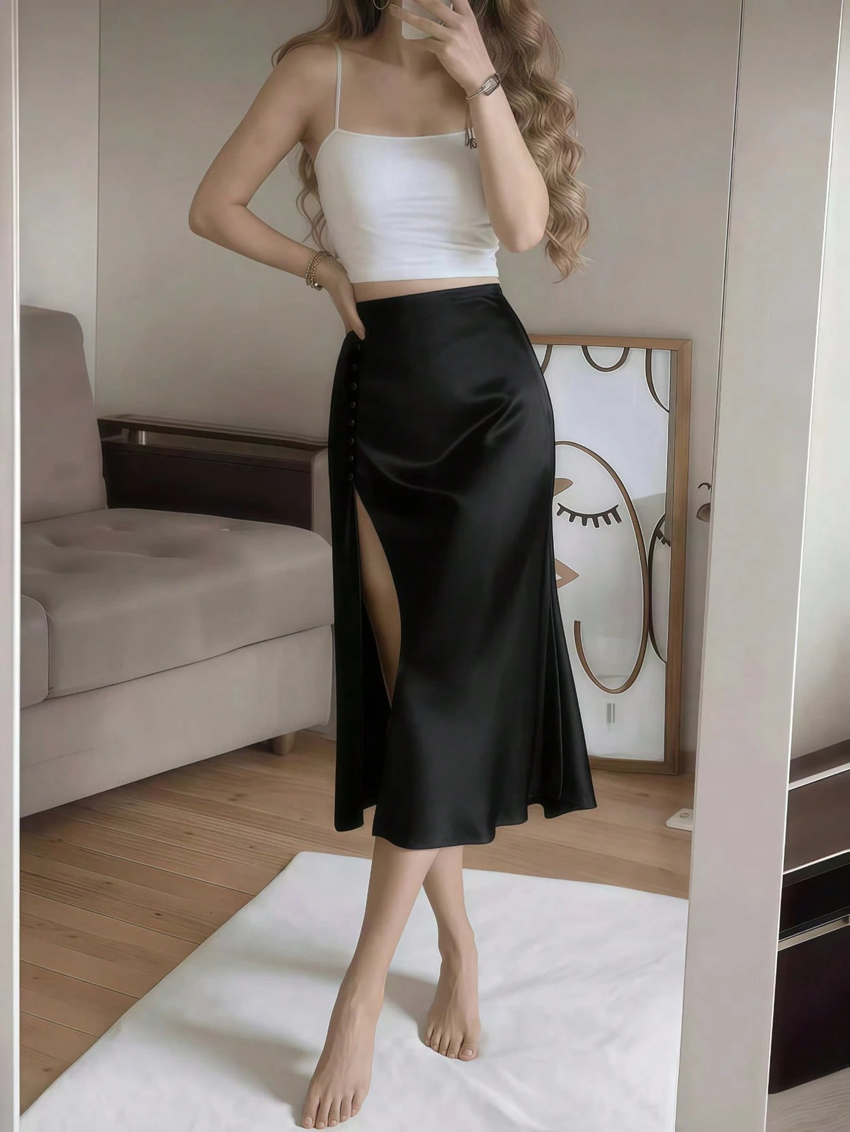 Women's Elegant Black Satin High Waist High Slit Button Skirt Spring