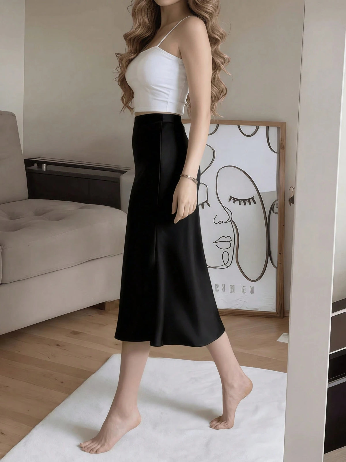 Women's Elegant Black Satin High Waist High Slit Button Skirt Spring