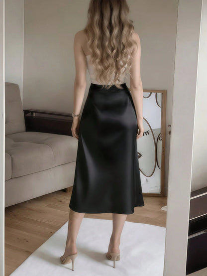 Women's Elegant Black Satin High Waist High Slit Button Skirt Spring
