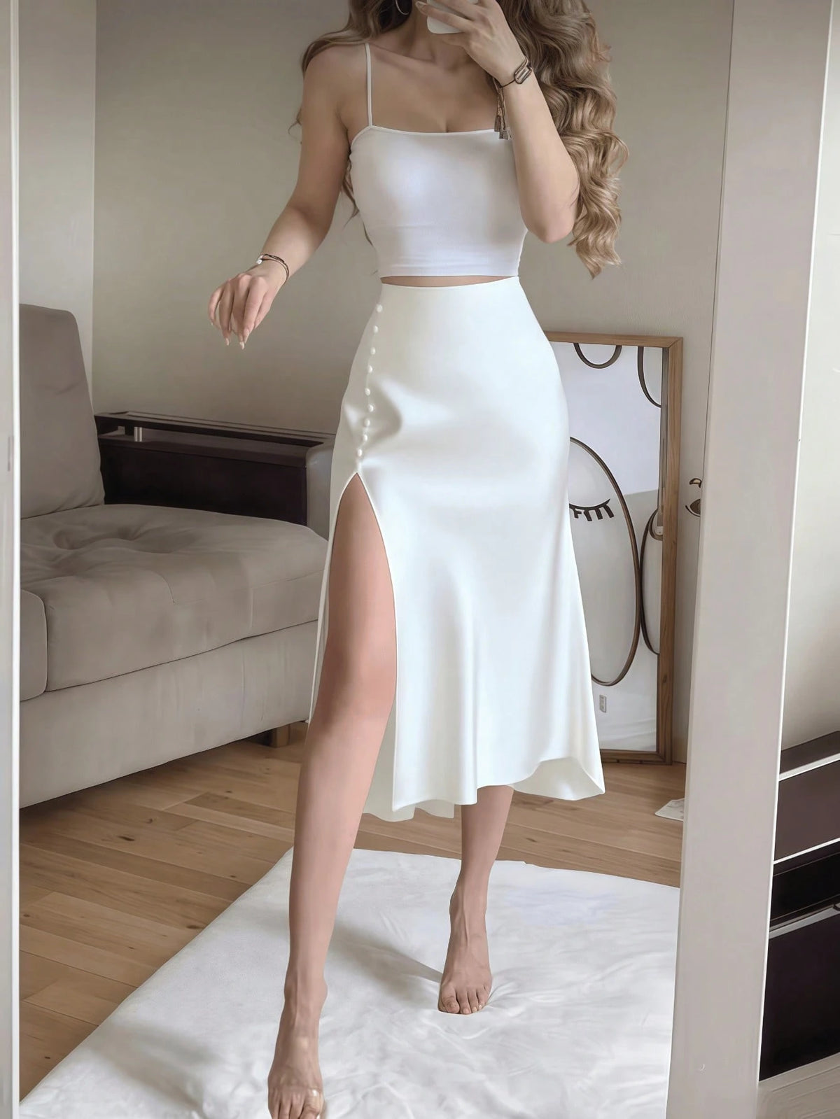 Women's Elegant Black Satin High Waist High Slit Button Skirt Spring