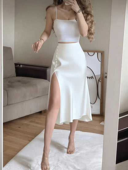 Women's Elegant Black Satin High Waist High Slit Button Skirt Spring