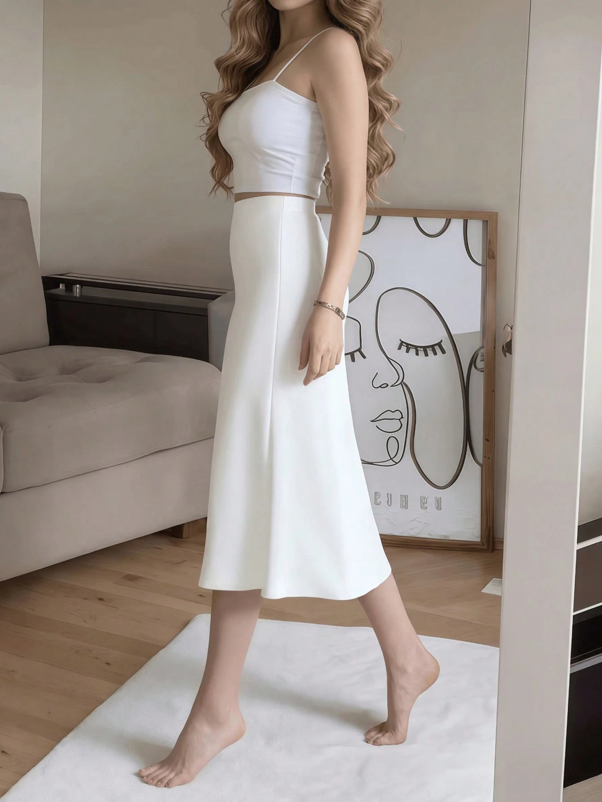 Women's Elegant Black Satin High Waist High Slit Button Skirt Spring
