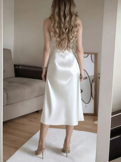 Women's Elegant Black Satin High Waist High Slit Button Skirt Spring