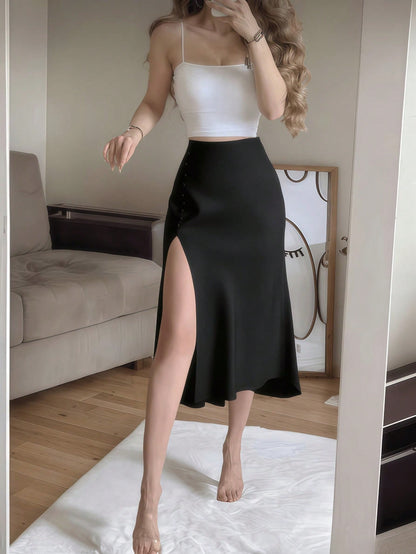 Women's Elegant Black Satin High Waist High Slit Button Skirt Spring