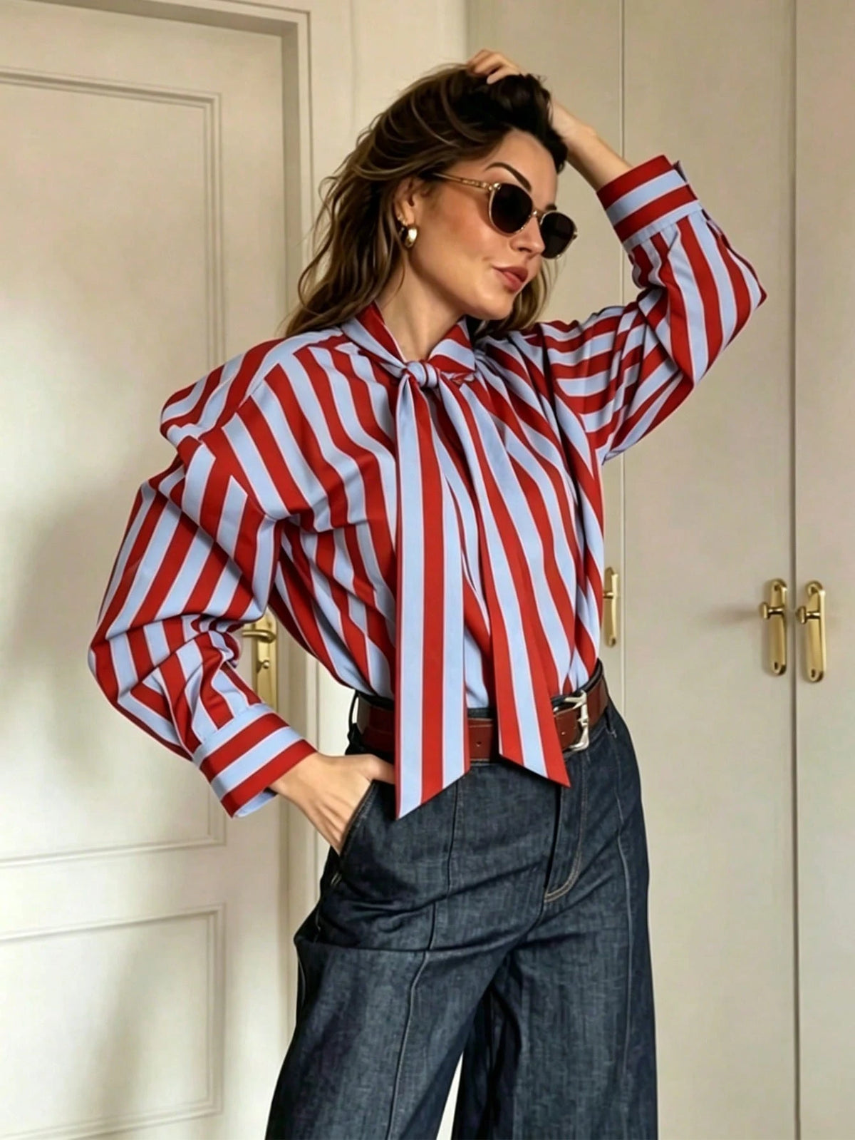 Women's Elegant Color Block Striped Bow Blouse, Autumn Fashion Vacation High Street Celebrity Style Shirt, Spring/Summer Women's Blouse Red