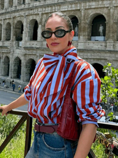 Women's Elegant Color Block Striped Bow Blouse, Autumn Fashion Vacation High Street Celebrity Style Shirt, Spring/Summer Women's Blouse Red