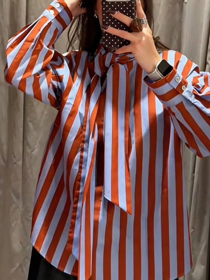 Women's Elegant Color Block Striped Bow Blouse, Autumn Fashion Vacation High Street Celebrity Style Shirt, Spring/Summer Women's Blouse Red