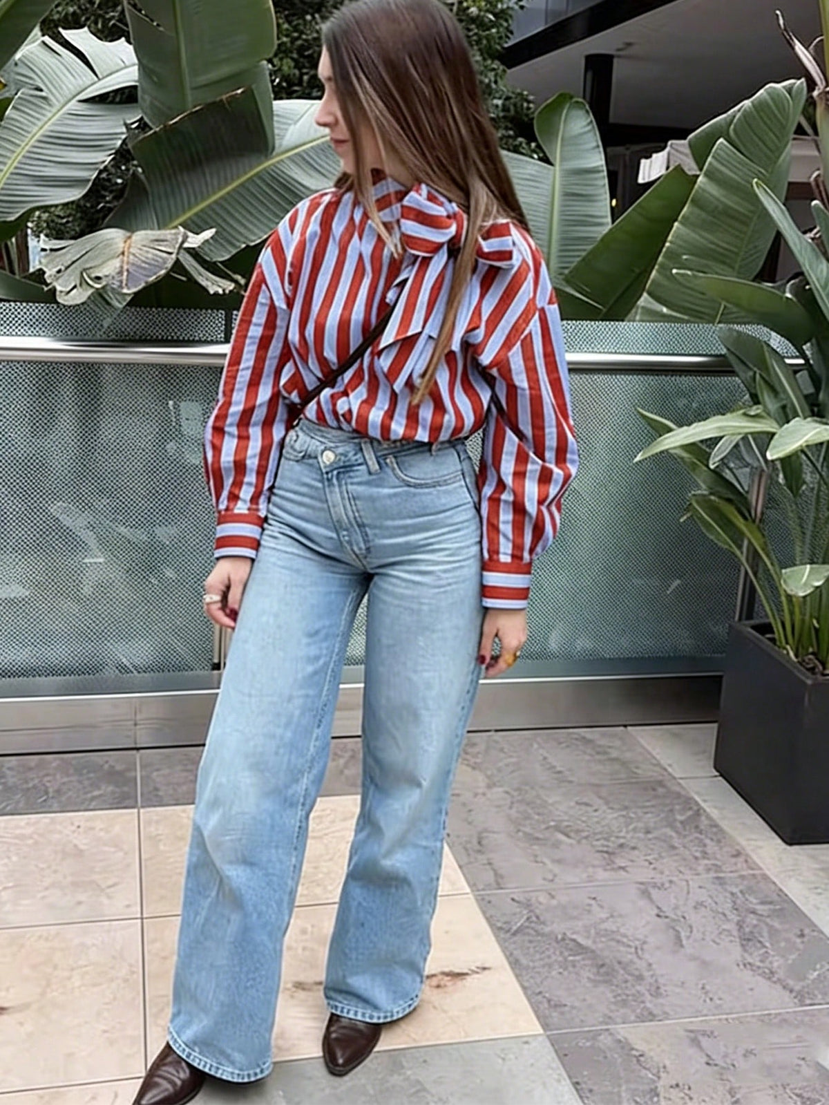 Women's Elegant Color Block Striped Bow Blouse, Autumn Fashion Vacation High Street Celebrity Style Shirt, Spring/Summer Women's Blouse Red