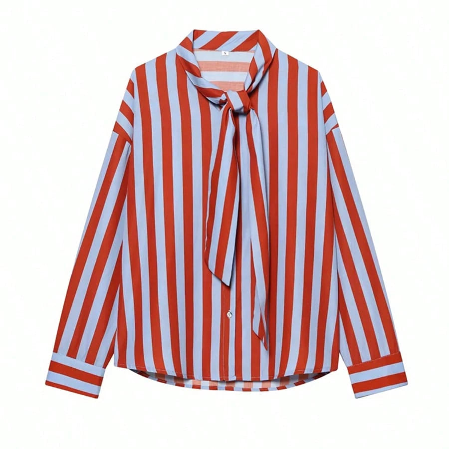 Women's Elegant Color Block Striped Bow Blouse, Autumn Fashion Vacation High Street Celebrity Style Shirt, Spring/Summer Women's Blouse Red
