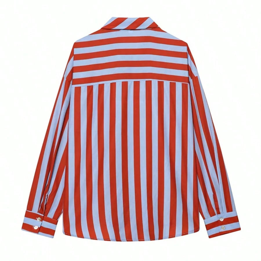 Women's Elegant Color Block Striped Bow Blouse, Autumn Fashion Vacation High Street Celebrity Style Shirt, Spring/Summer Women's Blouse Red