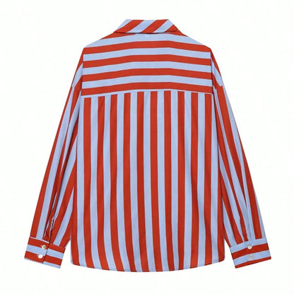 Women's Elegant Color Block Striped Bow Blouse, Autumn Fashion Vacation High Street Celebrity Style Shirt, Spring/Summer Women's Blouse Red