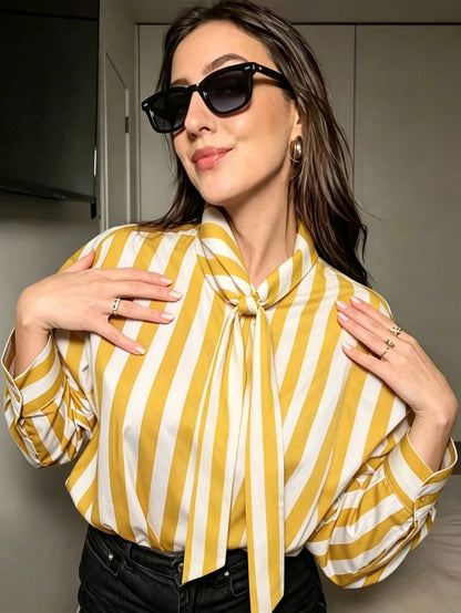 Women's Elegant Color Block Striped Bow Blouse, Autumn Fashion Vacation High Street Celebrity Style Shirt, Spring/Summer Women's Blouse Red