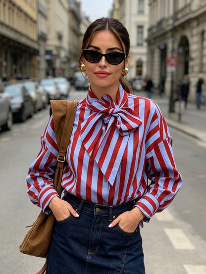 Women's Elegant Color Block Striped Bow Blouse, Autumn Fashion Vacation High Street Celebrity Style Shirt, Spring/Summer Women's Blouse Red