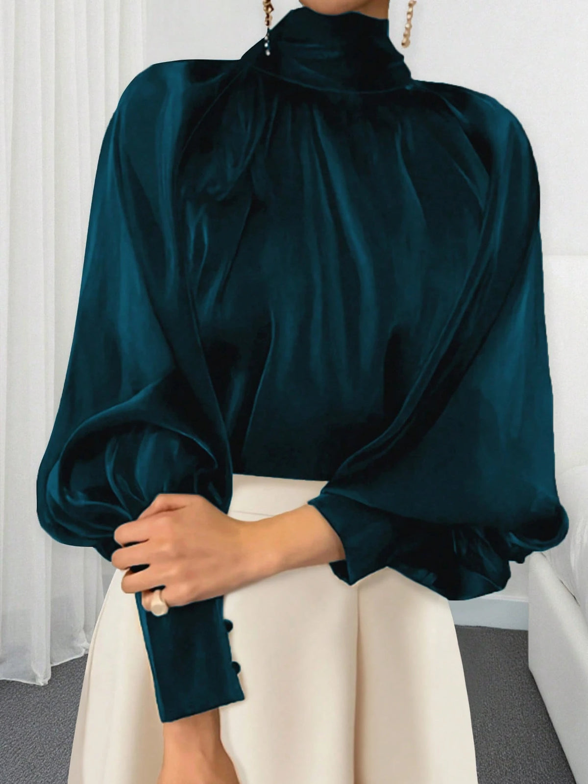 Women's Elegant Commuter Solid Color Stand Collar Lantern Sleeve Blouse Spring