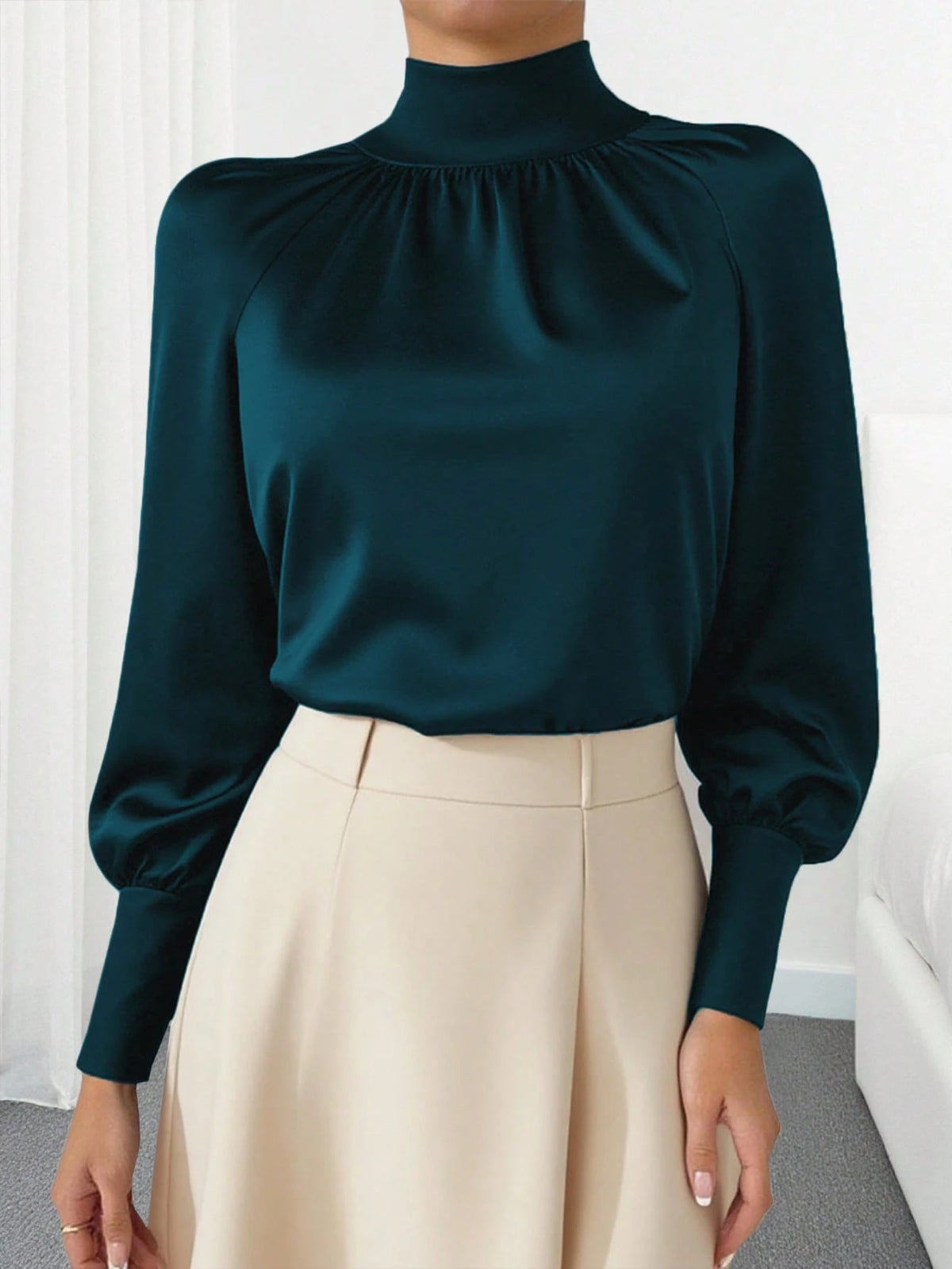 Women's Elegant Commuter Solid Color Stand Collar Lantern Sleeve Blouse Spring