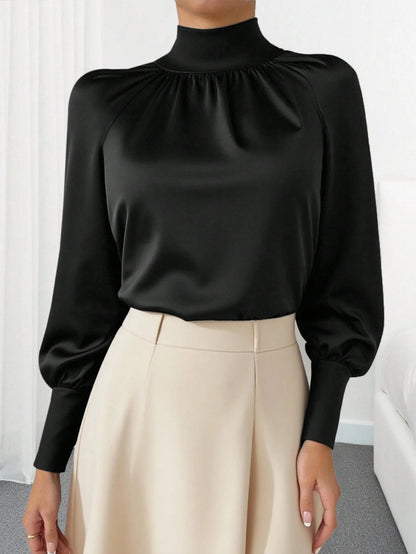 Women's Elegant Commuter Solid Color Stand Collar Lantern Sleeve Blouse Spring