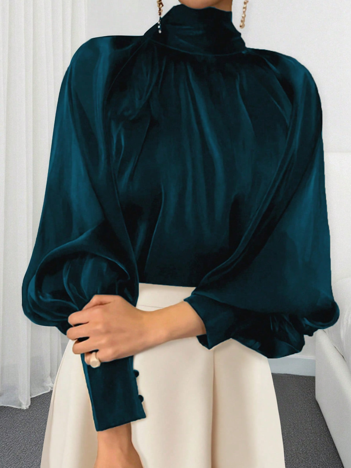 Women's Elegant Commuter Solid Color Stand Collar Lantern Sleeve Blouse Spring